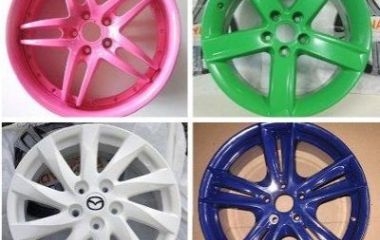 Verniciatura dei cerchioni dell'auto, applicazione della vernice per auto dalla bomboletta spray