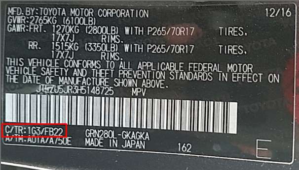 TOYOTA Werks-Farbcode Etikett &ndash; pr&uuml;fen Sie die Originalfarbe Ihres Fahrzeugs.