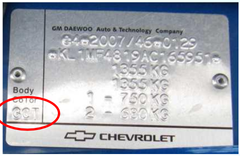 Chevrolet Europe Farbcode-Etikett am Fahrzeug – finden Sie Ihre exakte Farbnuance.