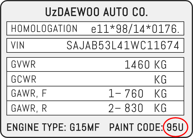 DAEWOO Werkslackcode Etikett &ndash; &uuml;berpr&uuml;fen Sie die Originalfarbe Ihres Autos.