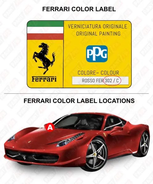 Ferrari Farbcodeschild am Fahrzeug – finden Sie Ihren exakten Farbton.