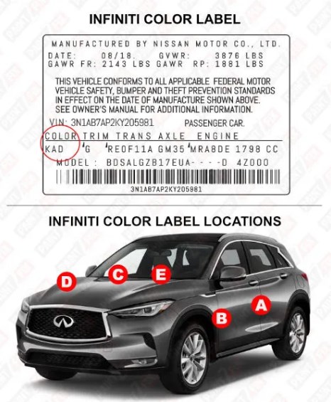 INFINITI Werkslackcode-Etikett &ndash; &uuml;berpr&uuml;fen Sie die Originalfarbe Ihres Autos.