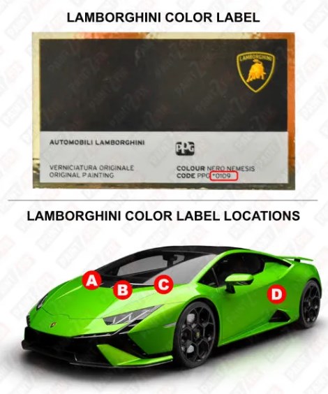 Lamborghini Lack-Identifikationsetikett &ndash; finden Sie den Werksfarbcode Ihres Fahrzeugs.
