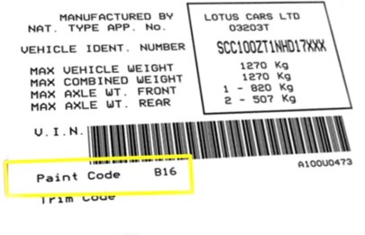 Kofferraum-Bereich Lotus-Lackcode-Aufkleber &ndash; finden Sie Ihre exakte Lack&uuml;bereinstimmung.
