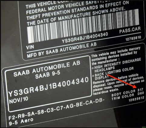 SAAB Lackcode-Aufkleber am Fahrzeug &ndash; finden Sie Ihre exakte Farbnuance.