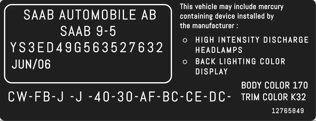 SAAB Farbcode-Aufkleber am Fahrzeug &ndash; Identifizieren Sie den Lack Ihres Autos.