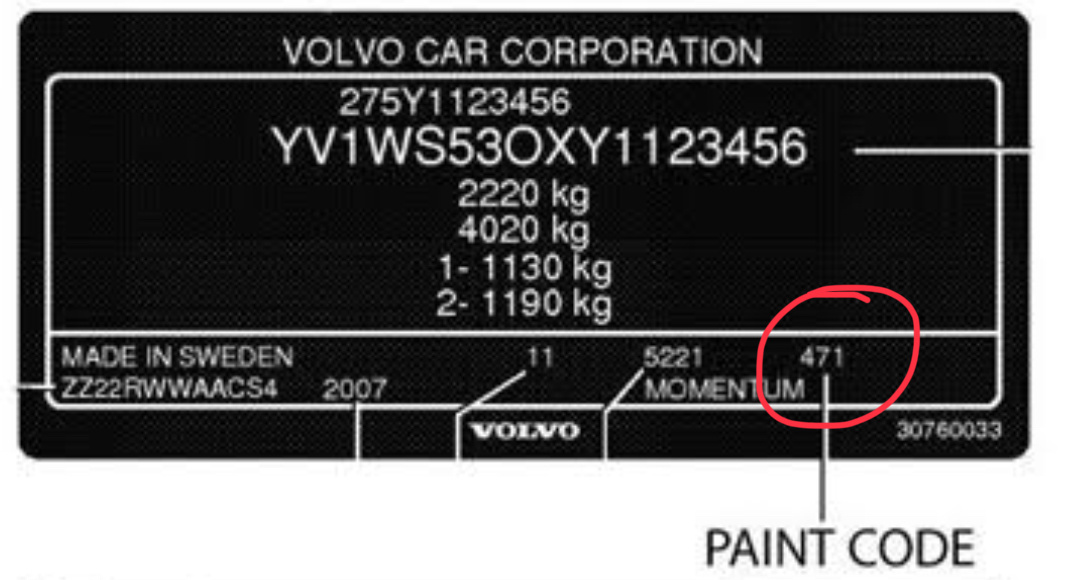 VOLVO Farbcode-Aufkleber am Fahrzeug &ndash; Identifizieren Sie die Lackierung Ihres Fahrzeugs.